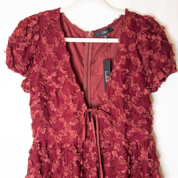 Lulus NWT Burgundy Lace Dress L | 3D Floral Appliqué Wedding Guest Outfit - Picture 11 of 15
